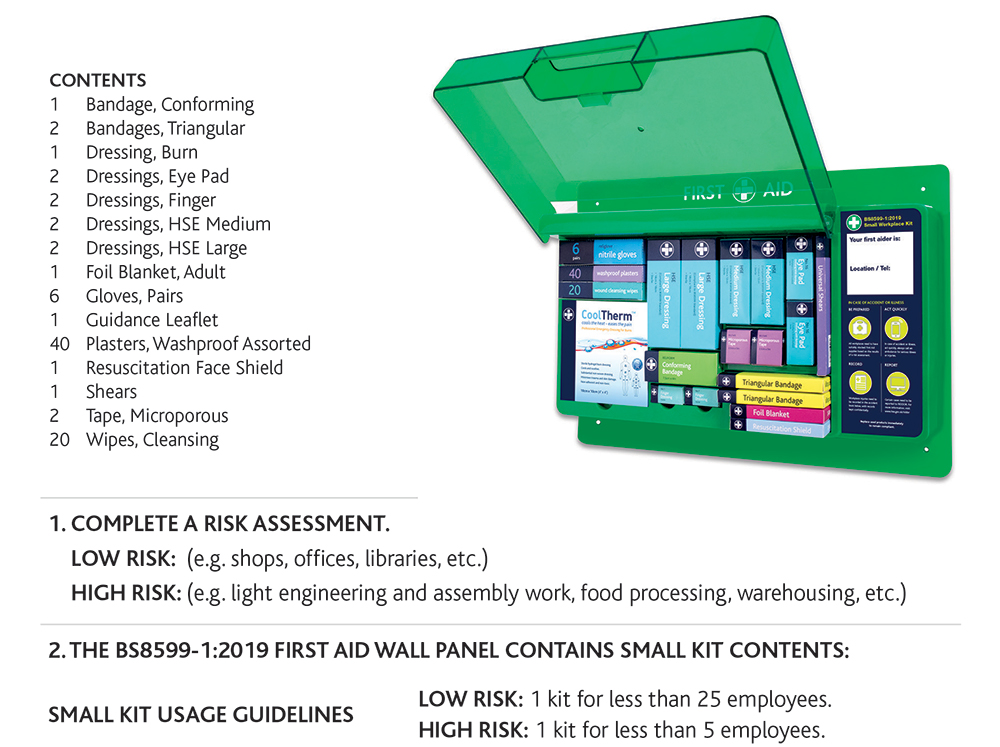 An efficient and attractive solution for storing first aid supplies in the workplace. British Standard compliant first aid kits reflect the most up-to-date changes in both workplace practice and risks, making them demonstrably more ‘fit for purpose’ in today's environment. The deluxe wall station is manufactured from high quality, wipe clean ABS plastic, with a dustproof lid to keep contents clean. Each wall panel displays all the British Standard compliant contents in a way that ensures effortless selection of specific components and enables effective treatment. REF 3410: BS8599-1:2019 Small Workplace Kit in Deluxe First Aid Wall Station